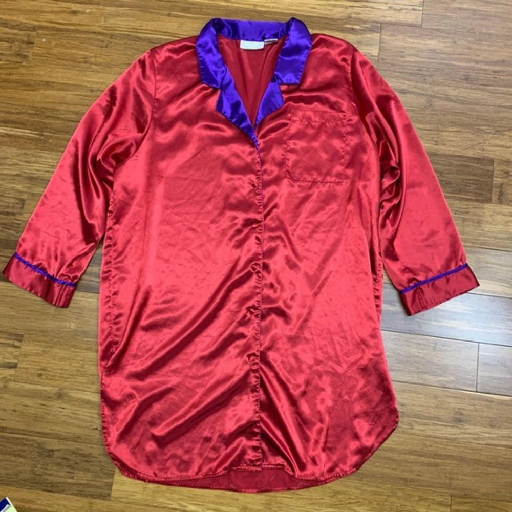 Vintage Victorias Secret Nightgown Shirt Womens Large Red Purple Satin Button